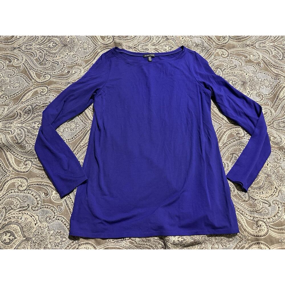 Eileen Fisher Womens Blue Knit Crew Neck Long Sleeve Pullover Top Sz M